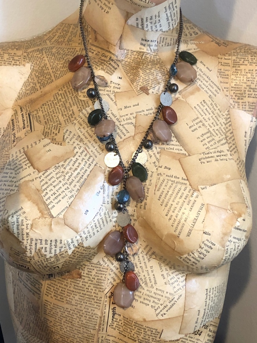 VTG 90s/Y2K Stone/Glass Bead Charm Chain Long Y Drop Necklace *Boho *Earth Tones
